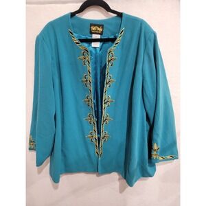 Bob Mackie Wearable Art Teal Embroidered Fleur De Lis Blazer Jacket Women's 3X‎